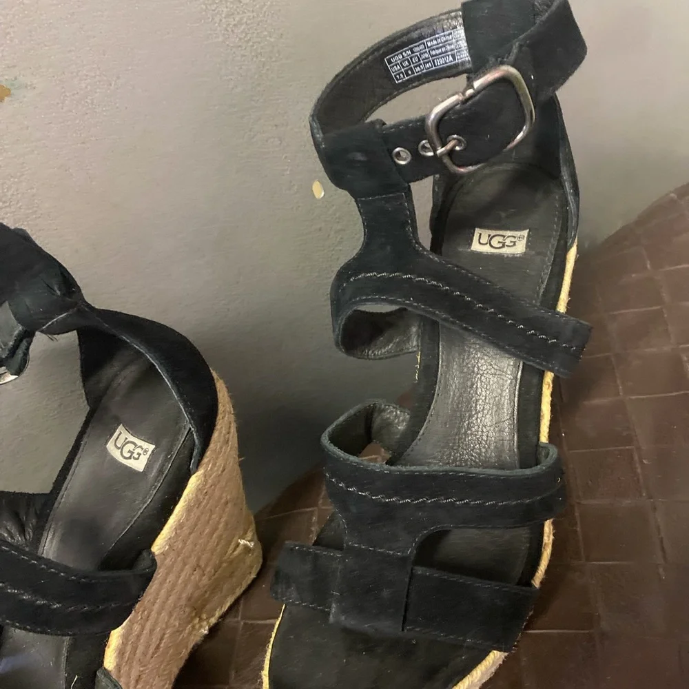 UGG Black Suede Espadrille Wedge Sandals with Ankle Strap - Picture 2 of 5